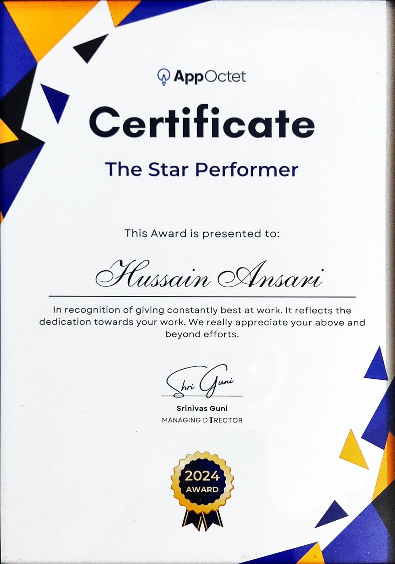Star Performer — 2024 & 2025 — 2024 certificate, AppOctet Technologies