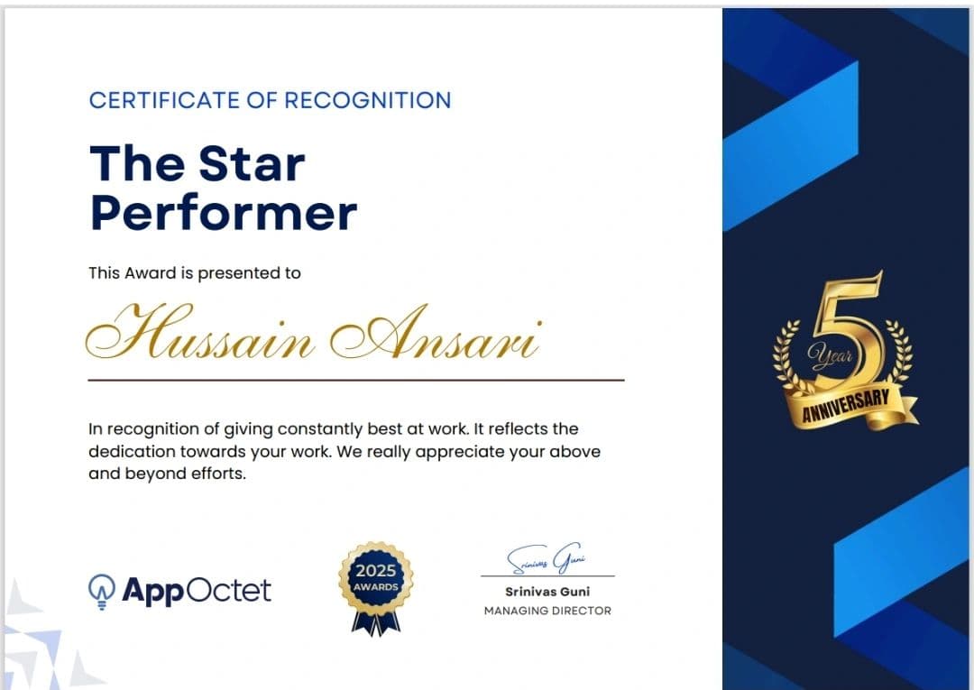 Star Performer — 2024 & 2025 — 2025 certificate, AppOctet Technologies